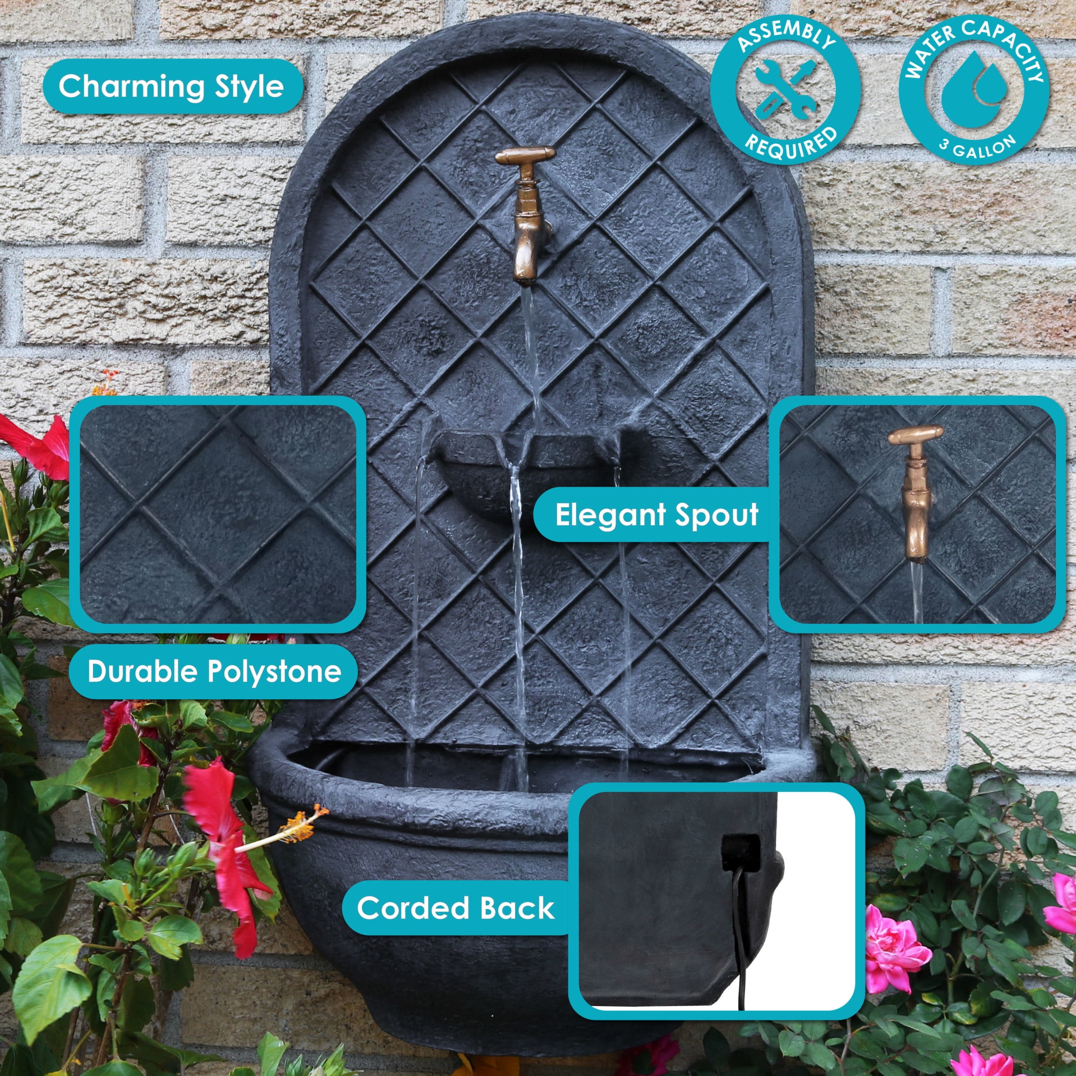 Sunnydaze Messina Polystone Outdoor Wall Fountain, Lead Finish