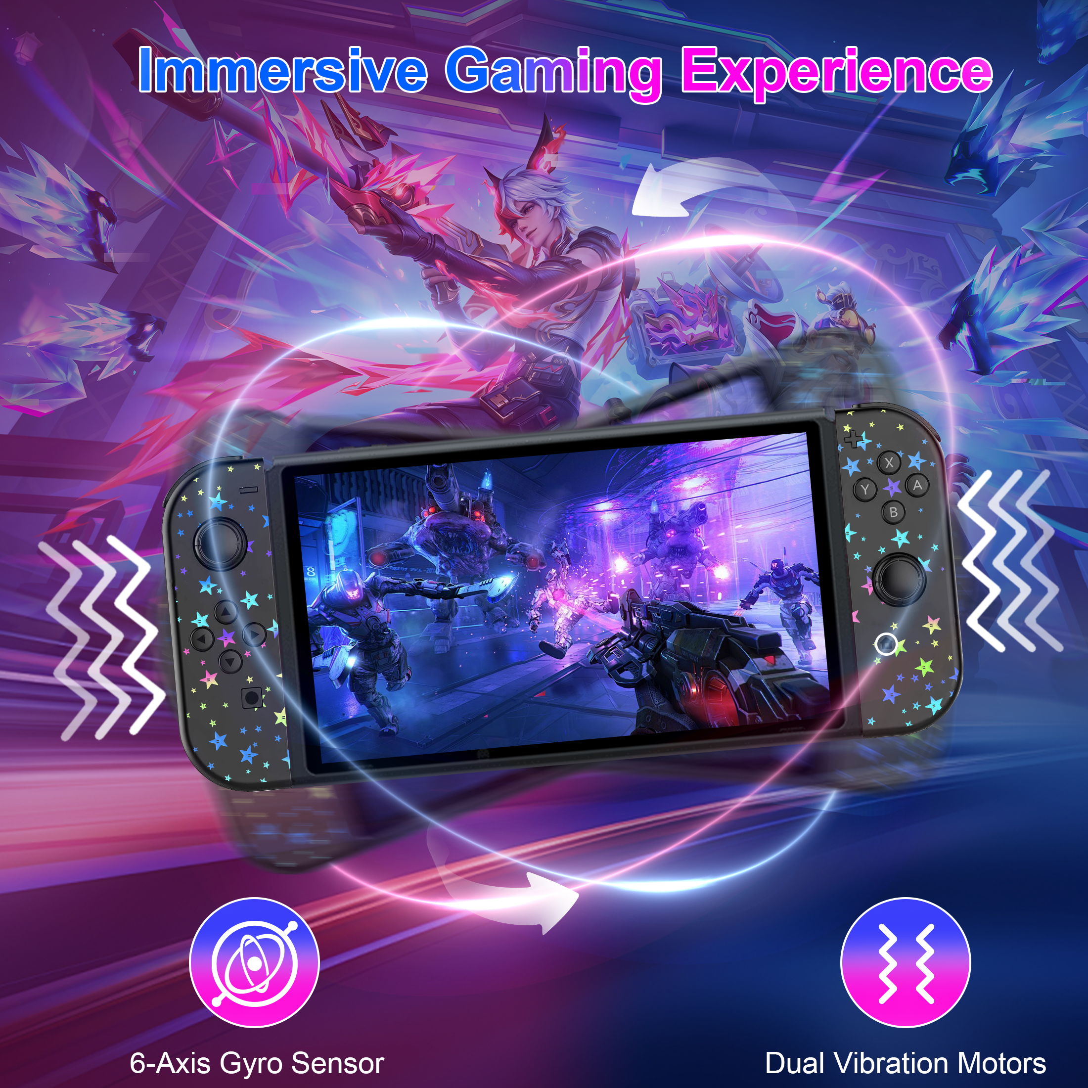 Controlador de juegos inalámbrico dividido, gamepad Bluetooth con luz RGB, movimiento y vibración, controlador recargable para dispositivo de juegos portátil 3