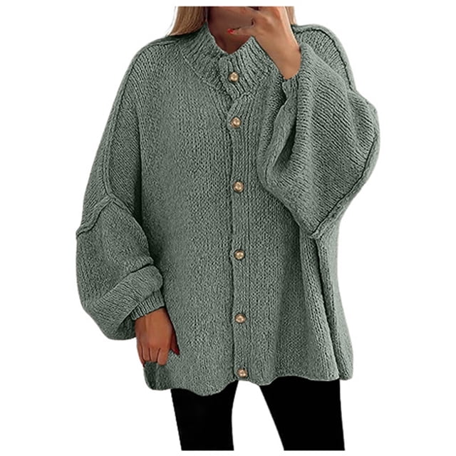 Cardigan Ample Mode Française Automne Hiver pour Femmes, Manteau Chandail Col Rond avec Bouton en Métal, Vêtement Décontracté Élégant