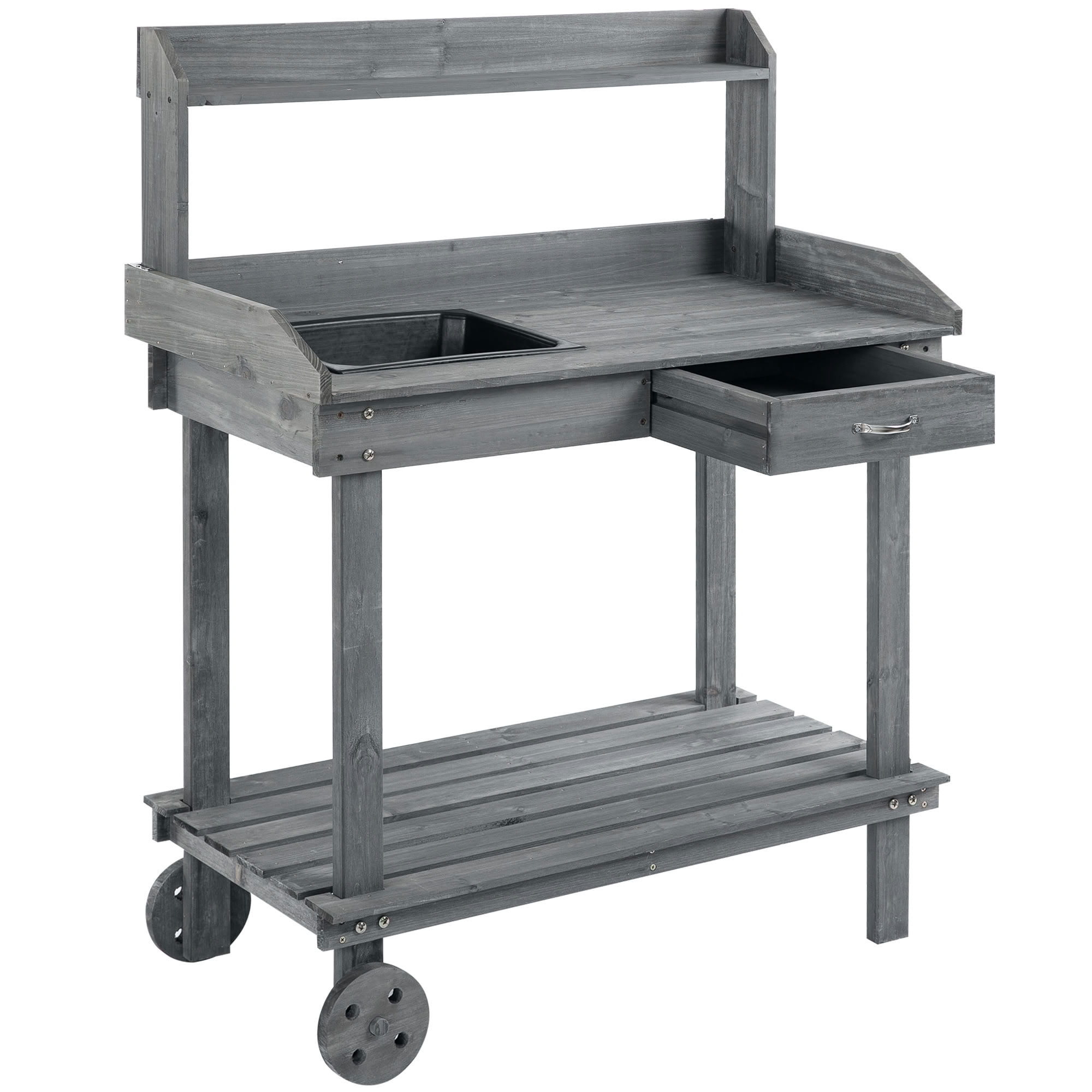 MAYEERTY 36" Wooden Potting Bench, Outdoor Garden Workstation with Removable Wheels, Sink, Drawer for Backyard, Patio, Deck
