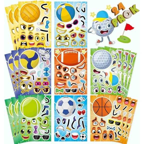24 Sheets Make Your Own Ball Sports Stickers for Kids, Make a Face Mix and Match Rugby, Basketball, Baseball, Football, Volleyball, Soccer Faces for Birthday Party Favor