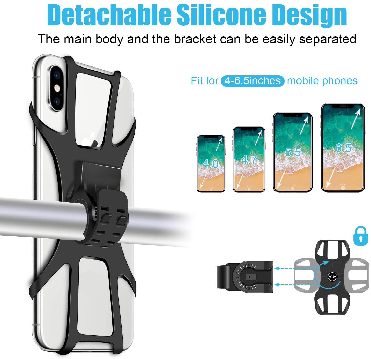 Bike Phone Mount, Silicone Phone Stand for Bicycle, 360° Adjustable, Face & Touch ID, Universal Phone Mount for iPhone 12/Pro/mini/11/Xs/Max/Xr/X/7/8/Plus, 4.0''~6.5'' Cellphones-2Pack - image 2 of 8