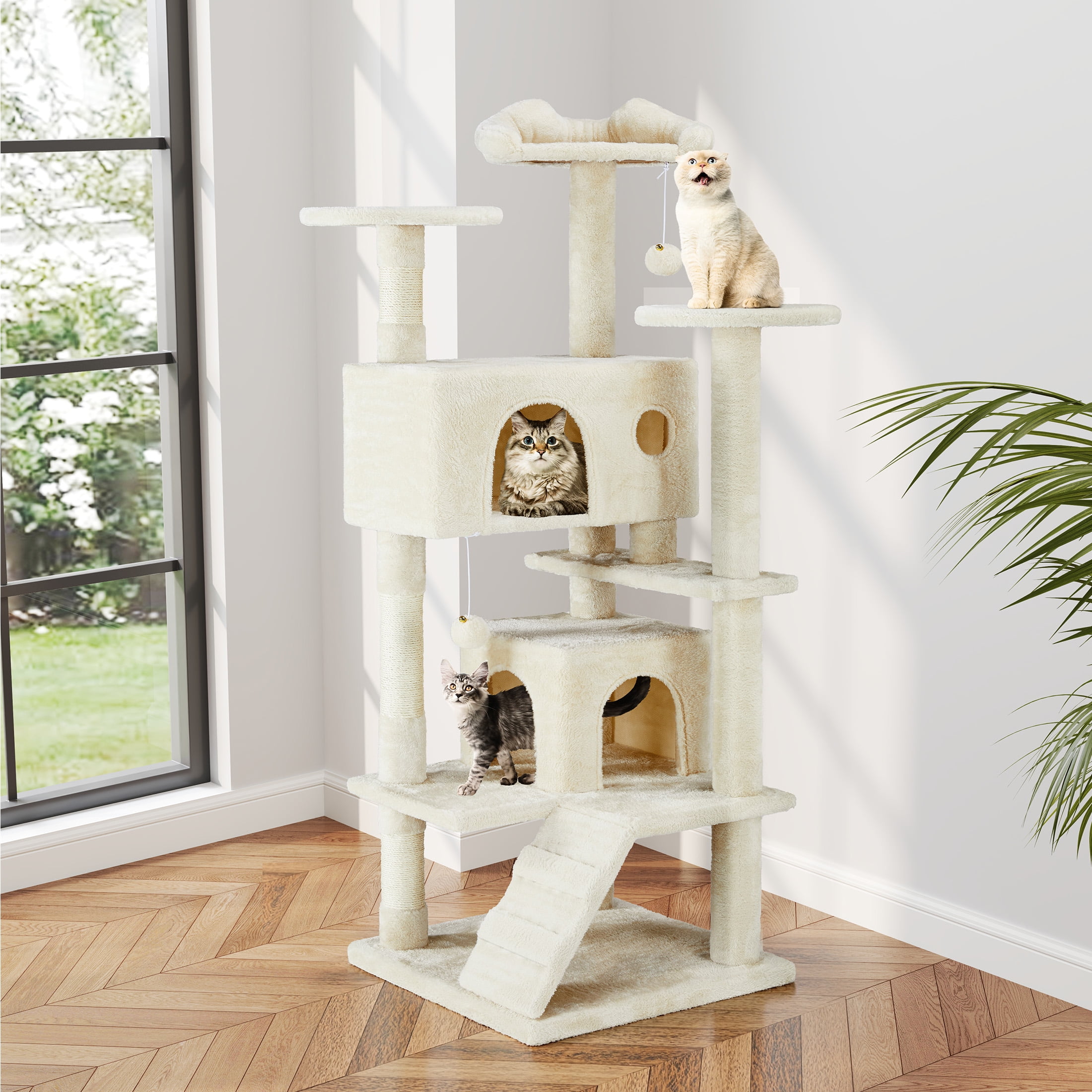 MCQ 54" Compact 4-Tier Cat Tower with Sisal Posts & Wide Top Platform – Space-Saving Tree for Indoor Cats, Cat Condo, Cat Condo, Beige
