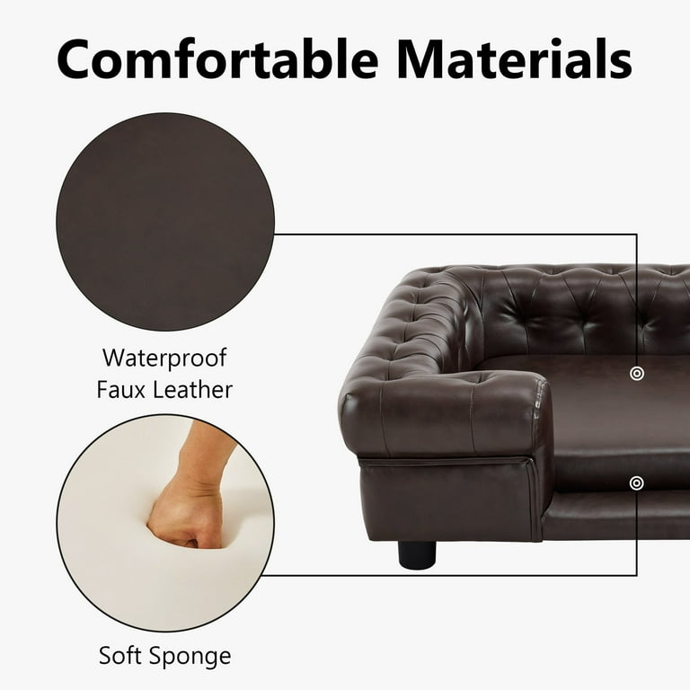 Small Pet Sofa For Dogs Up To 18 Lbs - Brown Synthetic Leather With Cushioned Seat
