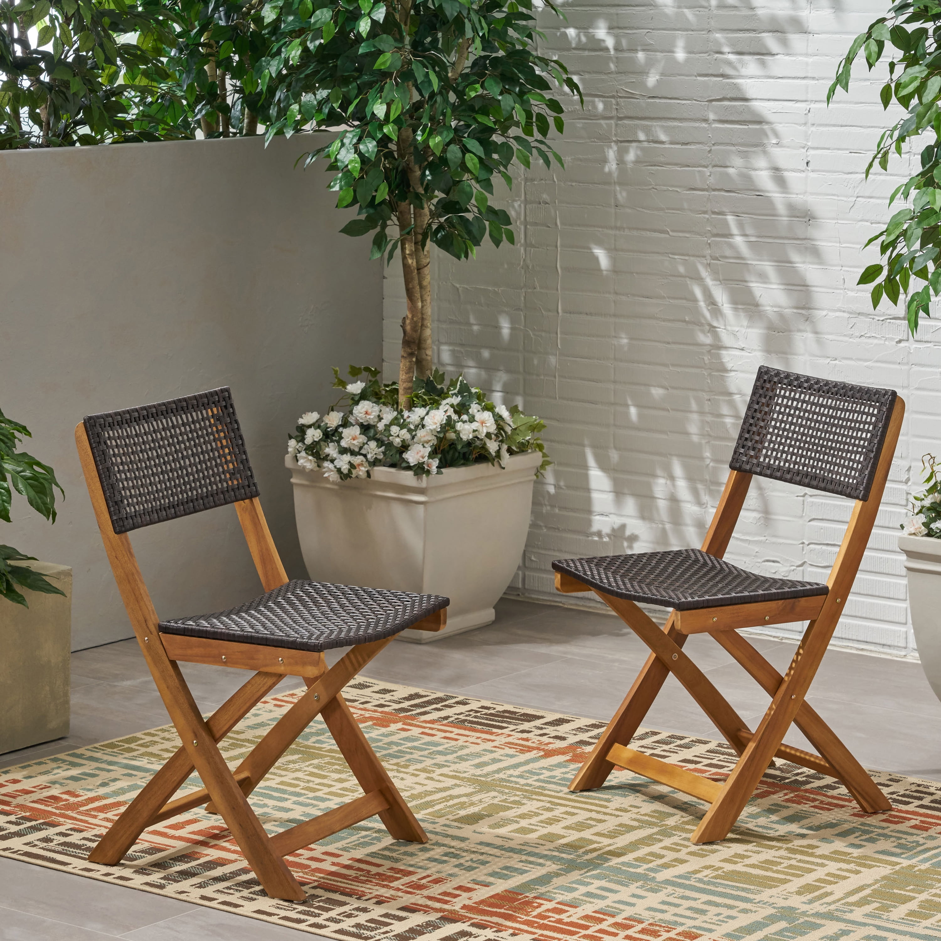 Bistro Chairs Set of 2 – Foldable Outdoor Wicker Chairs with Solid Wood Frame, Space-Saving for Patio, Garden or Balcony