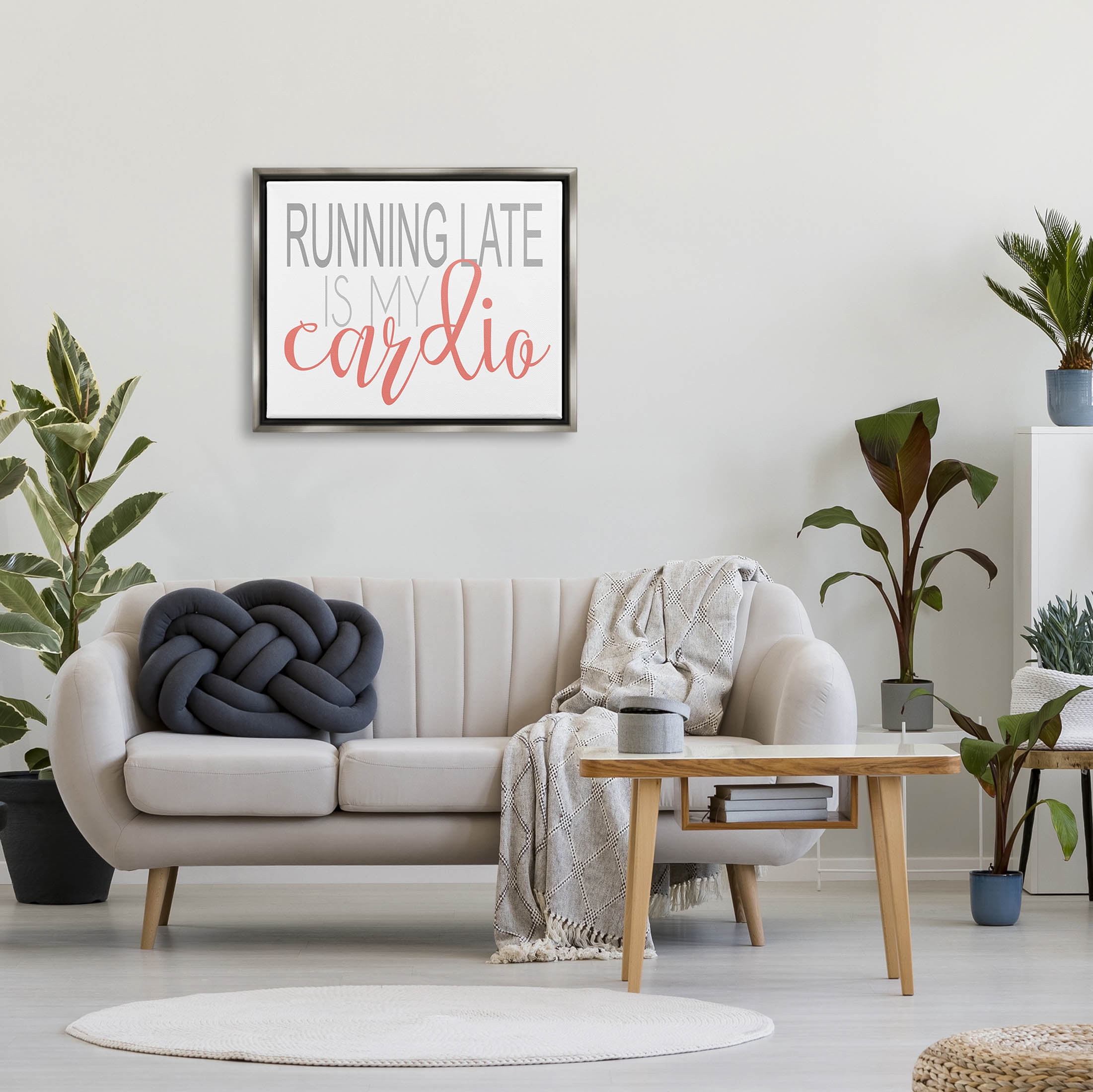 Stupell Industries Running Late Is My Cardio Funny Graphic Art Luster Gray Floating Framed Canvas Print Wall Art, Design by Alli Rogosich