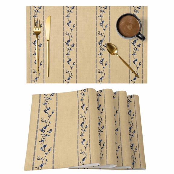 Khaki Flower Branch Placemats Set of 4 Spring Summer Farmhouse Botanical Place Mats Indoor Wipeable Table Mats Washable Cloth Dining Table Placemats for Kitchen Holiday Party Home Decor 13x19 Inch