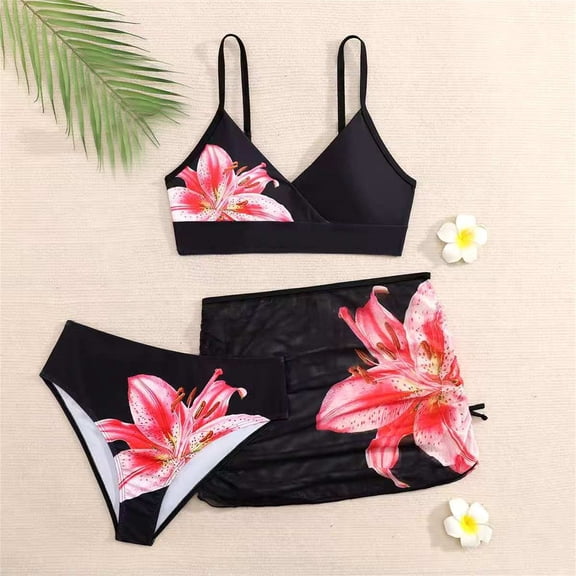 Girls Swimsuits Size 12-13Y Floral Print Bikini 3 Piece Swimwear with Adjustable Ties Comfortable Kids Swimsuit