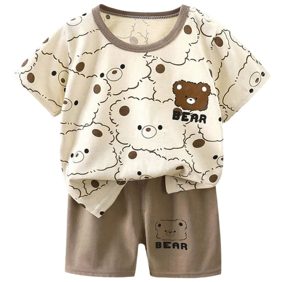 Nwiuh Toddler Baby Boys Summer Outfits Short Sleeve Cartoon Print T-Shirt Tops & Shorts Sets 2Pcs Cute Baby Boys Cotton Summer Clothes for 1t 2t 3t 4t 5t 6t (Khaki, 3-4 Years)
