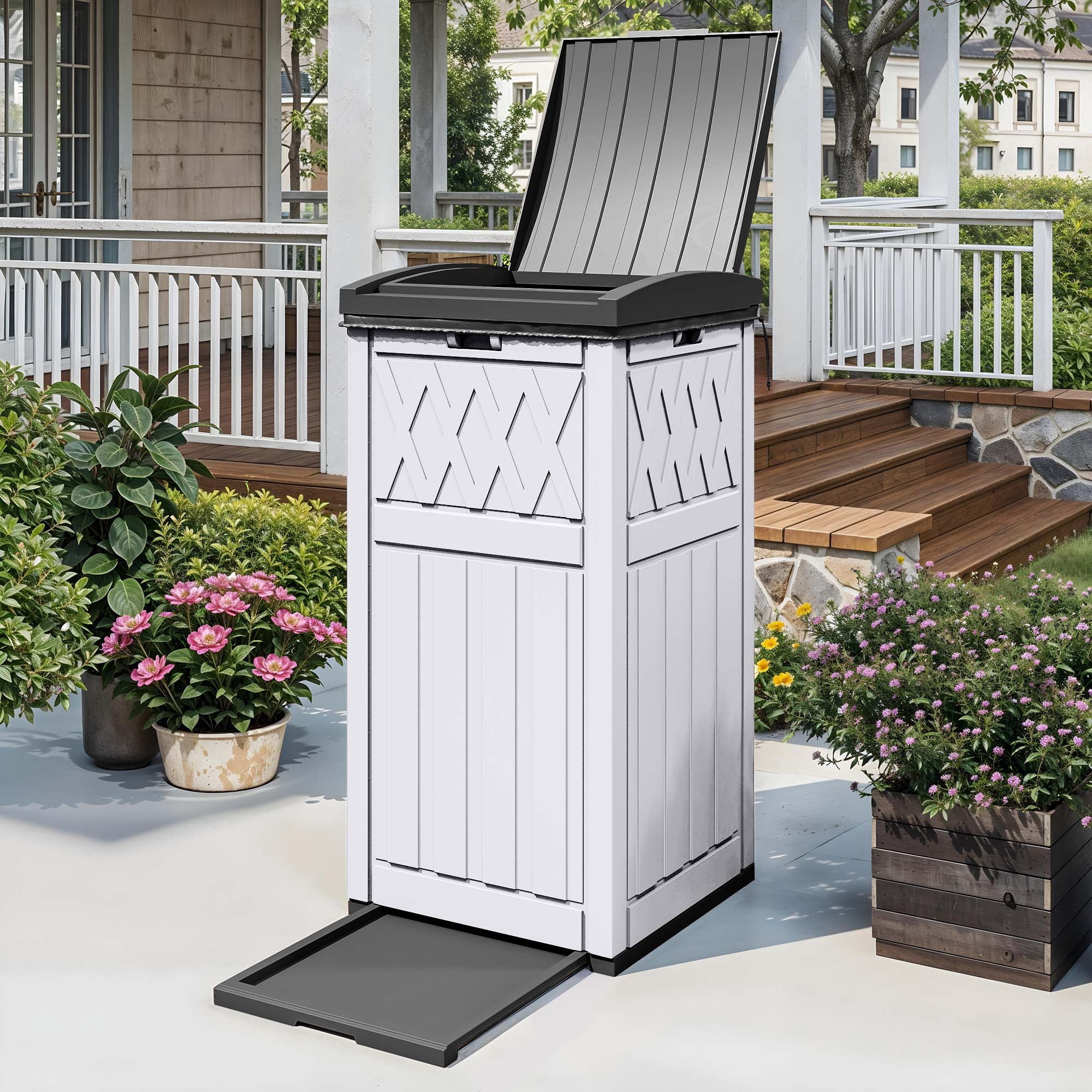 Uforic 31 Gallon Large Outdoor Trash Bin, Waterproof Resin Garbage Can with Lid & Drip Tray, Waste Container,for Porch, Backyard, White