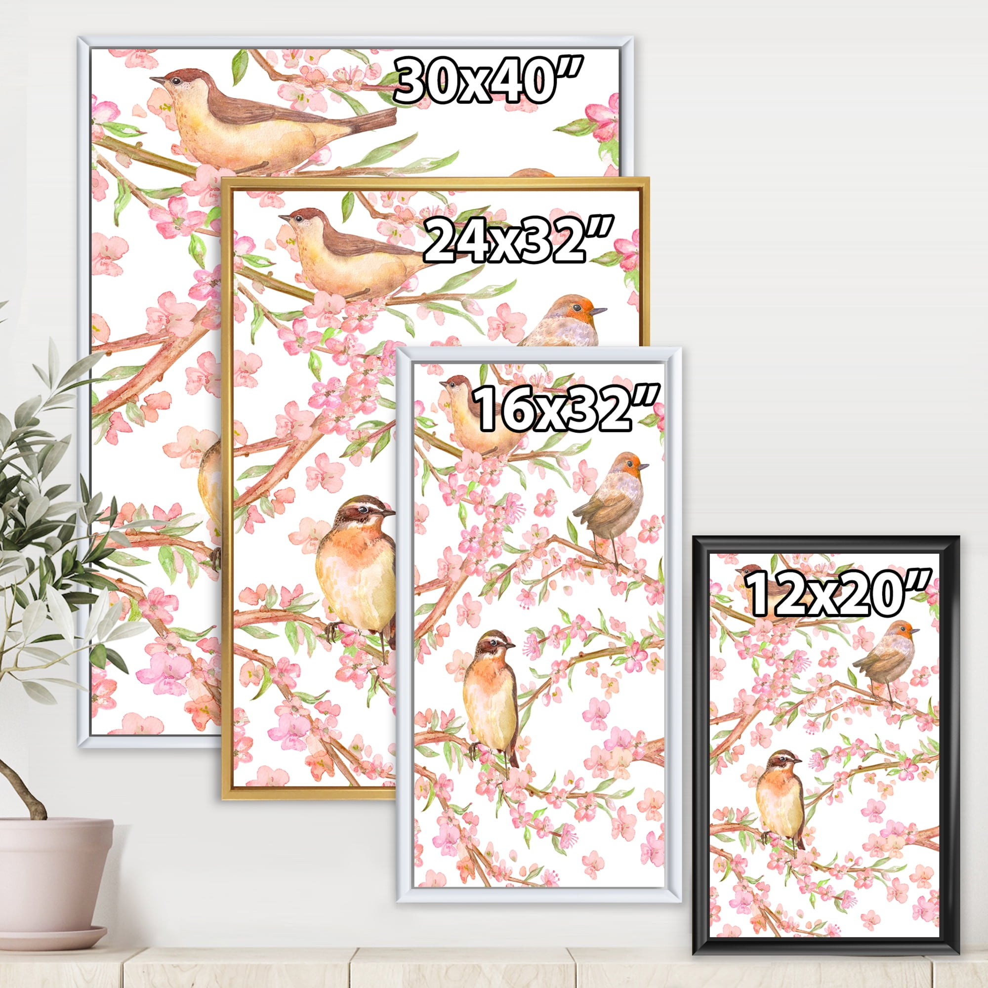 Designart 'Lovely Birds On Branches Of Flowering Almond' Traditional Framed Canvas Wall Art Print