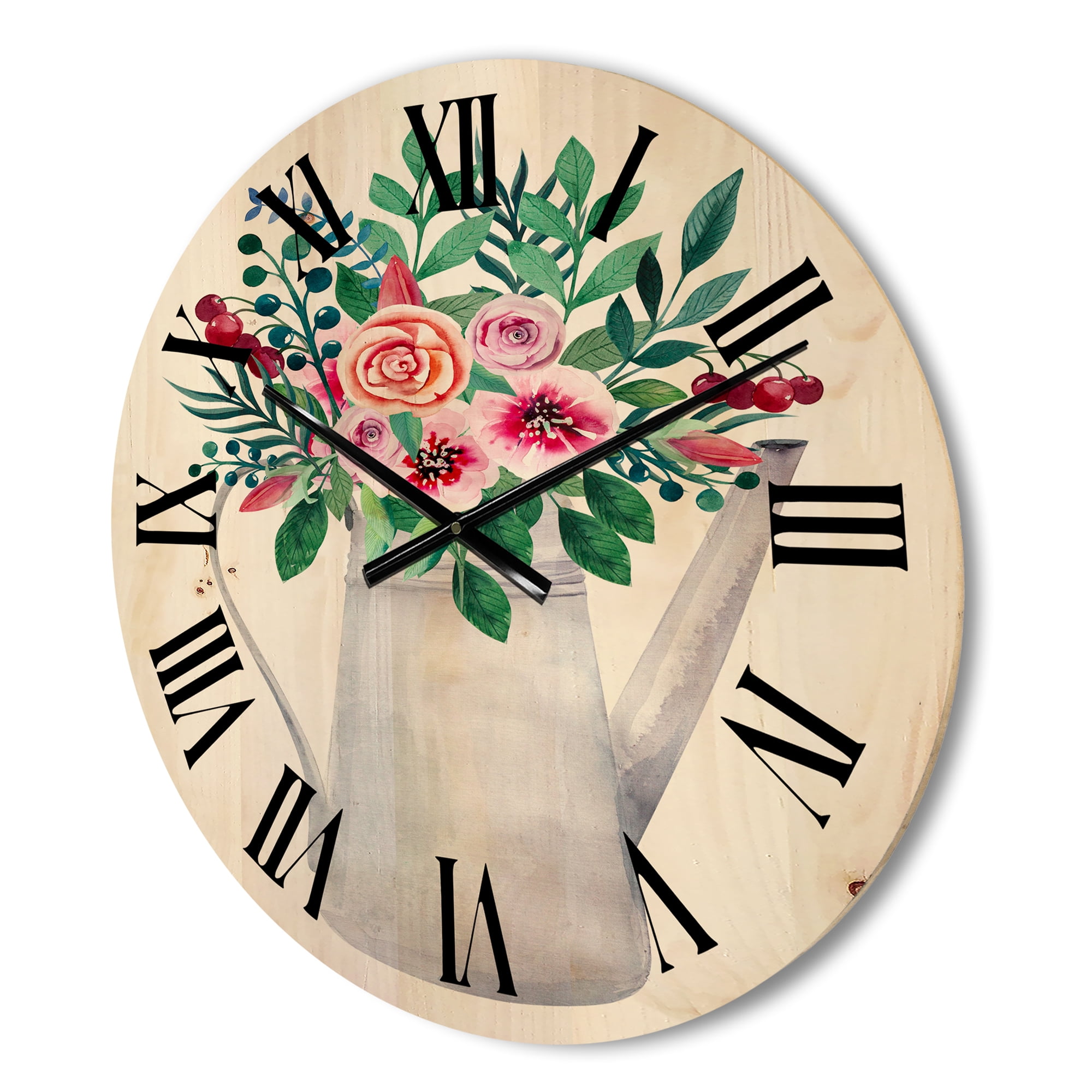 Designart 'Bouquets of Flowers In Rustic Flowering Pot With Berries' Traditional Wood Wall Clock