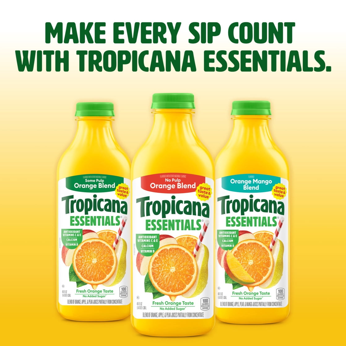 Tropicana Essentials Flavored Orange Juice Beverage Blend With Other Fruit, No Pulp, 46 fl oz Bottle