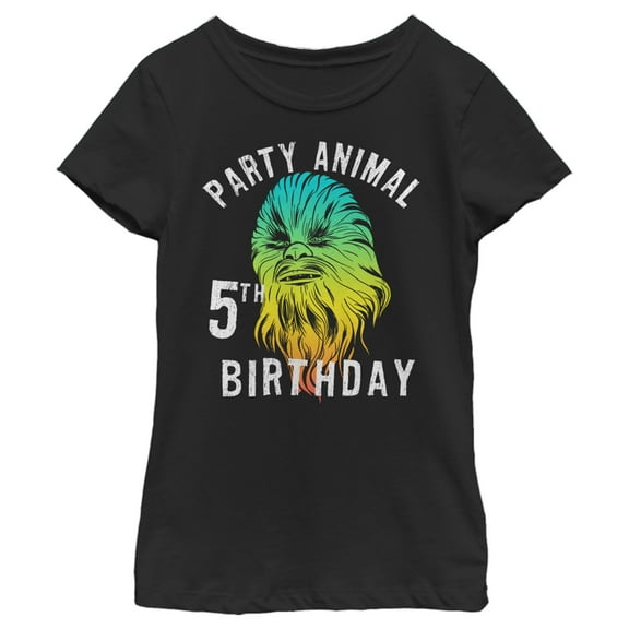 Girl's Star Wars Chewie Party Animal 5th Birthday Colorful Portrait Graphic Tee Black Medium