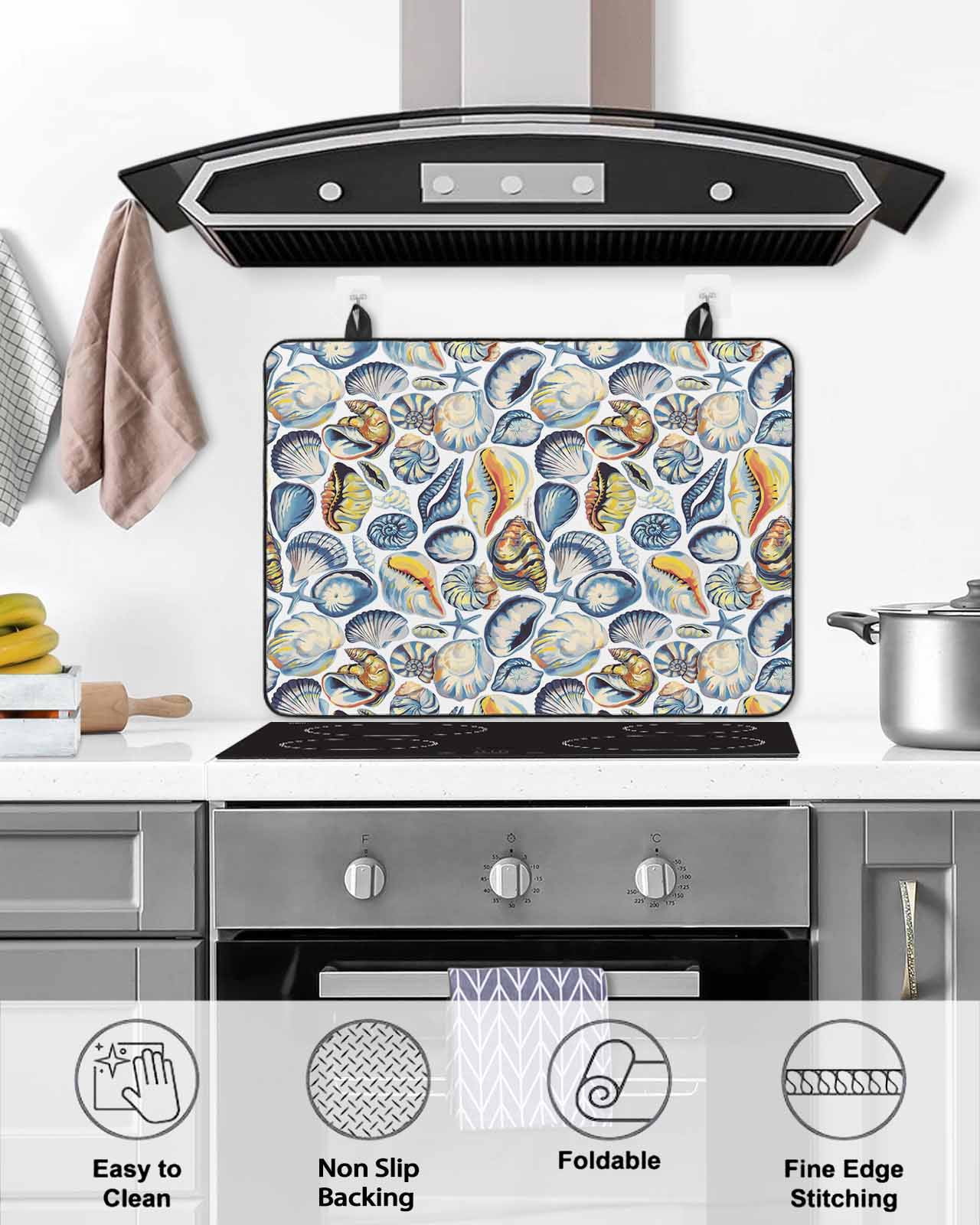 nqOlkjepod Large Induction Cooktop Protector Mat 24"x21", Blue Yellow Coastal Stove Top Covers for Electric Stove, Summer Shell Starfish Ocean Stove Burner Cover Mats, Glass Top Stove Cover
