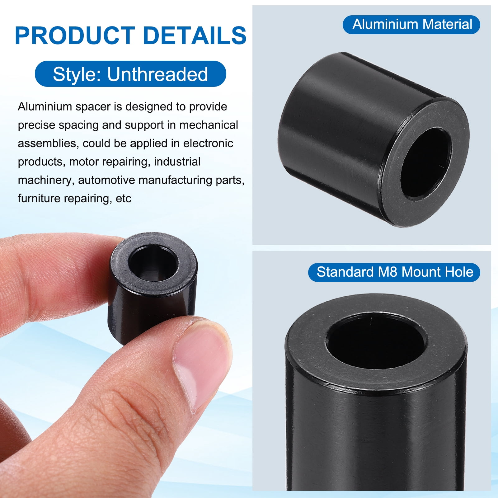Uxcell 10pcs M8 Aluminium Spacers, 5/16" ID x 5/8" OD Round Standoff Spacer, Unthreaded Metal Spacers for 5/16" M8 Screws Bolts, Black 5/8" Length