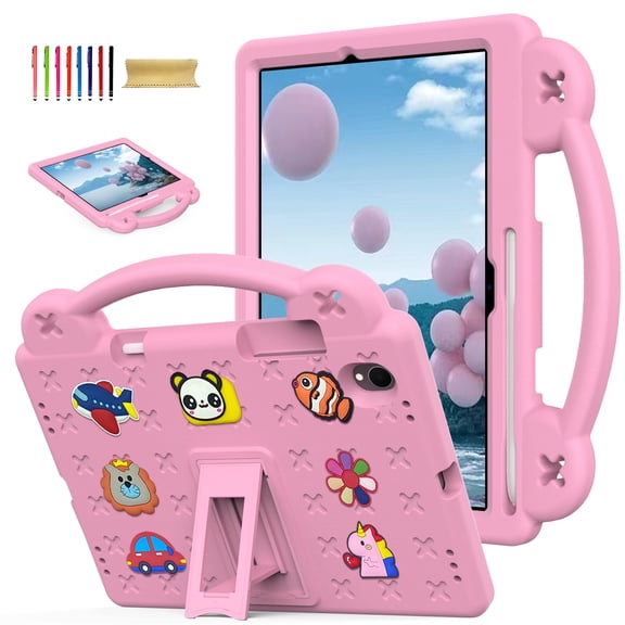 Allytechgroup Cute Casef or Samsung Galaxy Tab S11 11" 2025 SM-X730 X736B, Silicone Kickstand Handle Design Kids Friendly Cover with DIY Figures, Pink