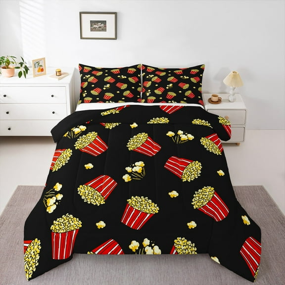 Manfei Cinema Popcorn Bedding Comforter Set,Movie Time Twin Comforter Sets,Red Yellow Black Bedding Set For Girl,Microfiber Bedroom Decor Reversible,2 Pieces