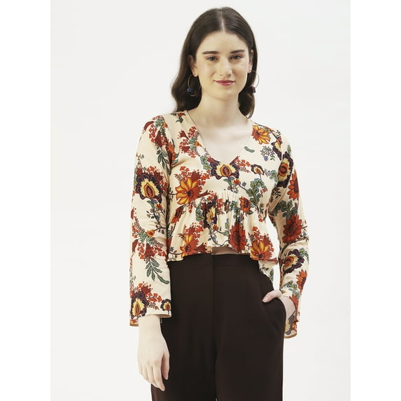 DressBerry Women's Printed Viscose Rayon Clinched Waist V Neck Crop Top Long Bell Sleeves Flared Hem with Front Tie-ups Casual Wear High Waist Regular Short Blouse