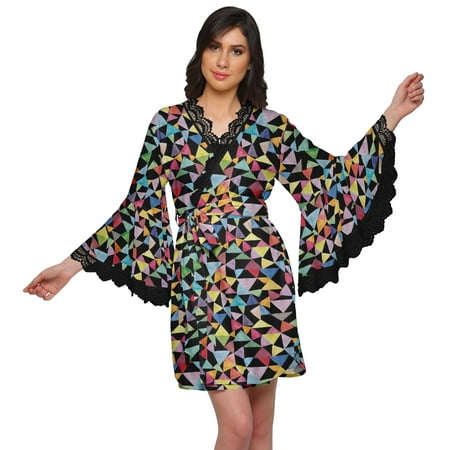 Moomaya Printed Short Bride Getting Ready Dress Bell Sleeves Bathrobe Women Wrap