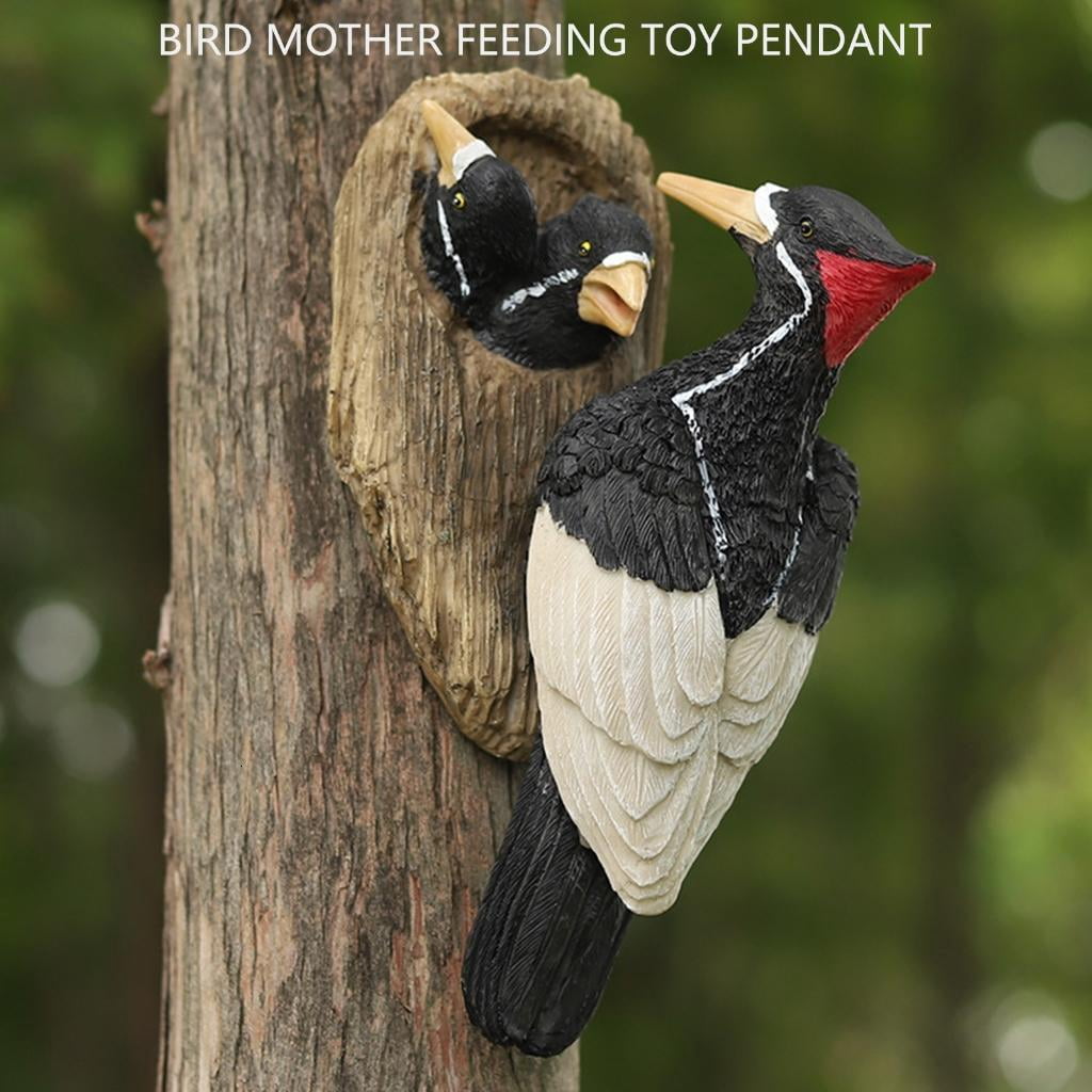 Yihuala Woodpecke Bird Figurines Realistic Birds Statue Tree Peeker Yard Art Sculpture Mom and Woodpecke Garden Statue