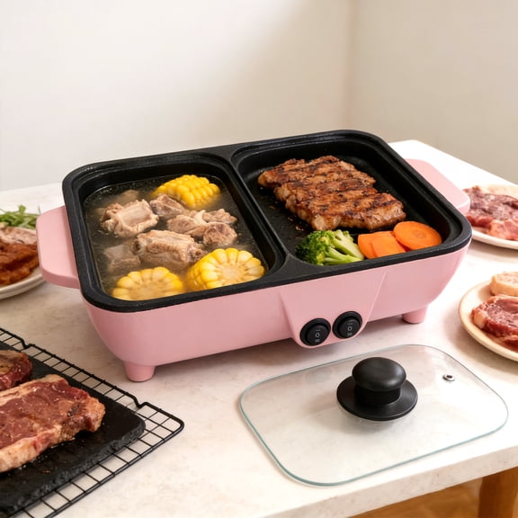 2-in-1 Hot Pot & Grill, 1200W Non-Stick Indoor BBQ & Hot Pot Combo, Dual Temperature Control, for 1-4 People