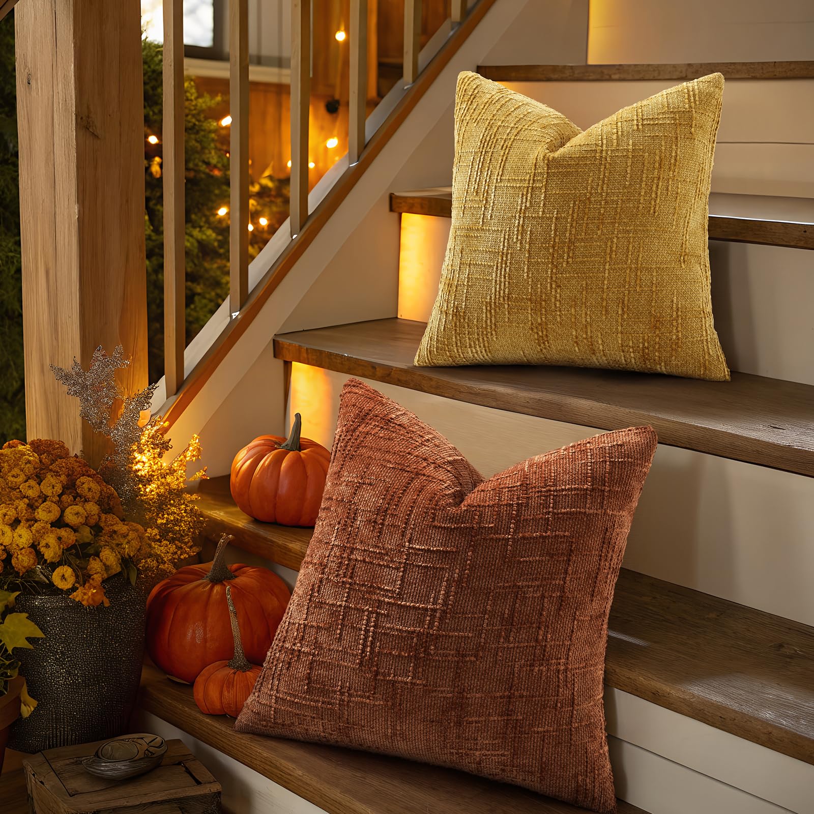HAPPINESS Chenille Throw Pillow Covers 22x22 Set of 2 Thick Textured Slubby Couch Pillow Covers Farmhouse Accent Modern Neutral Decorative Pillow Cases for Bed Sofa Living Room