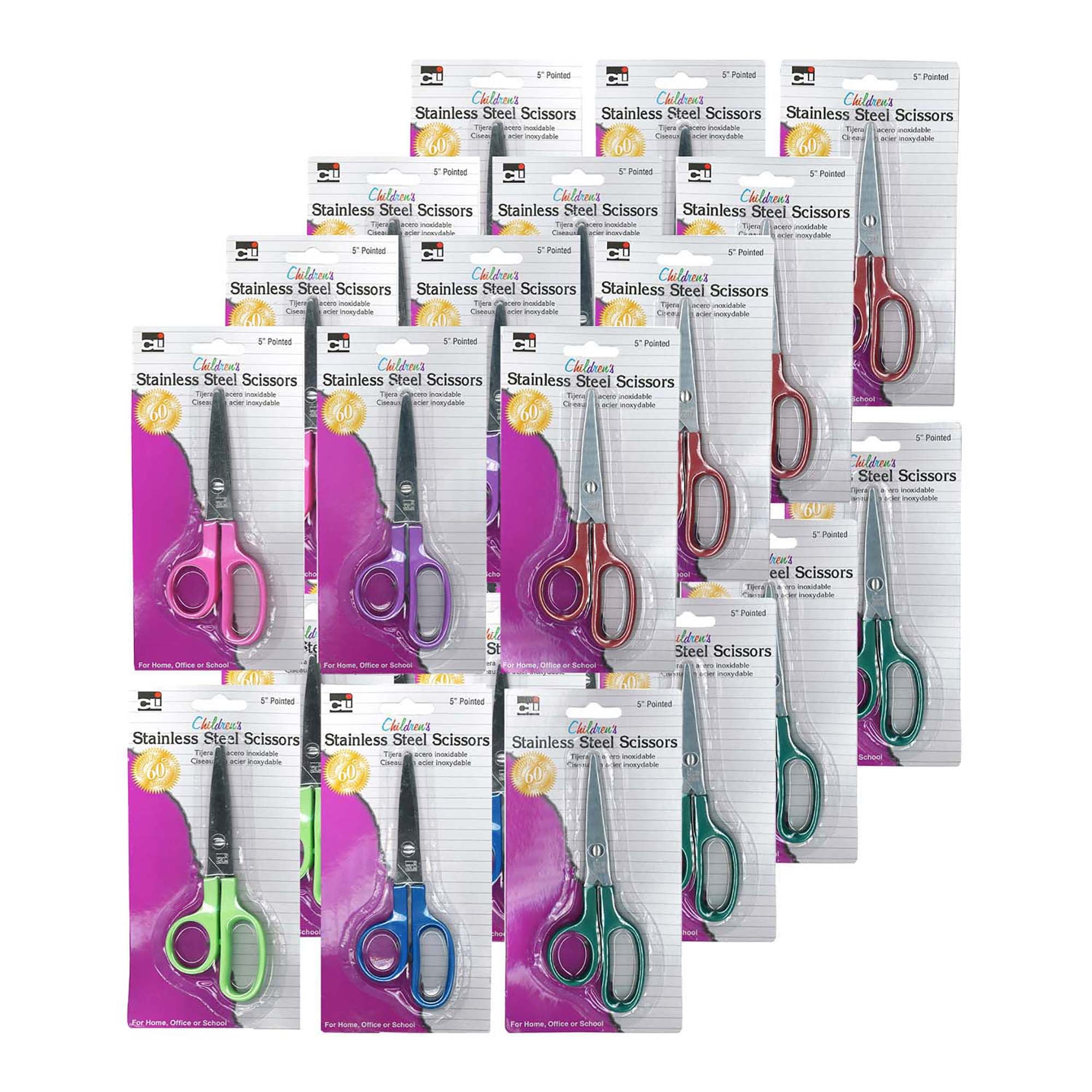 Charles Leonard Childrens Scissors, 5 Inch, Pointed Tip, Assorted Colors, 24 Count