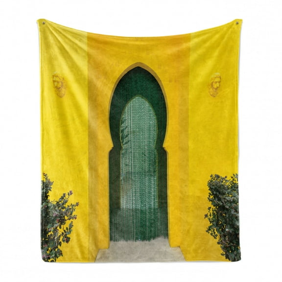 Orient Soft Flannel Fleece Blanket, Morroccan Oriental Walkway Old Eastern Building Architecture Stone Carving Photo, Cozy Plush for Indoor and Outdoor Use, 70" x 90", Green Yellow, by Ambesonne