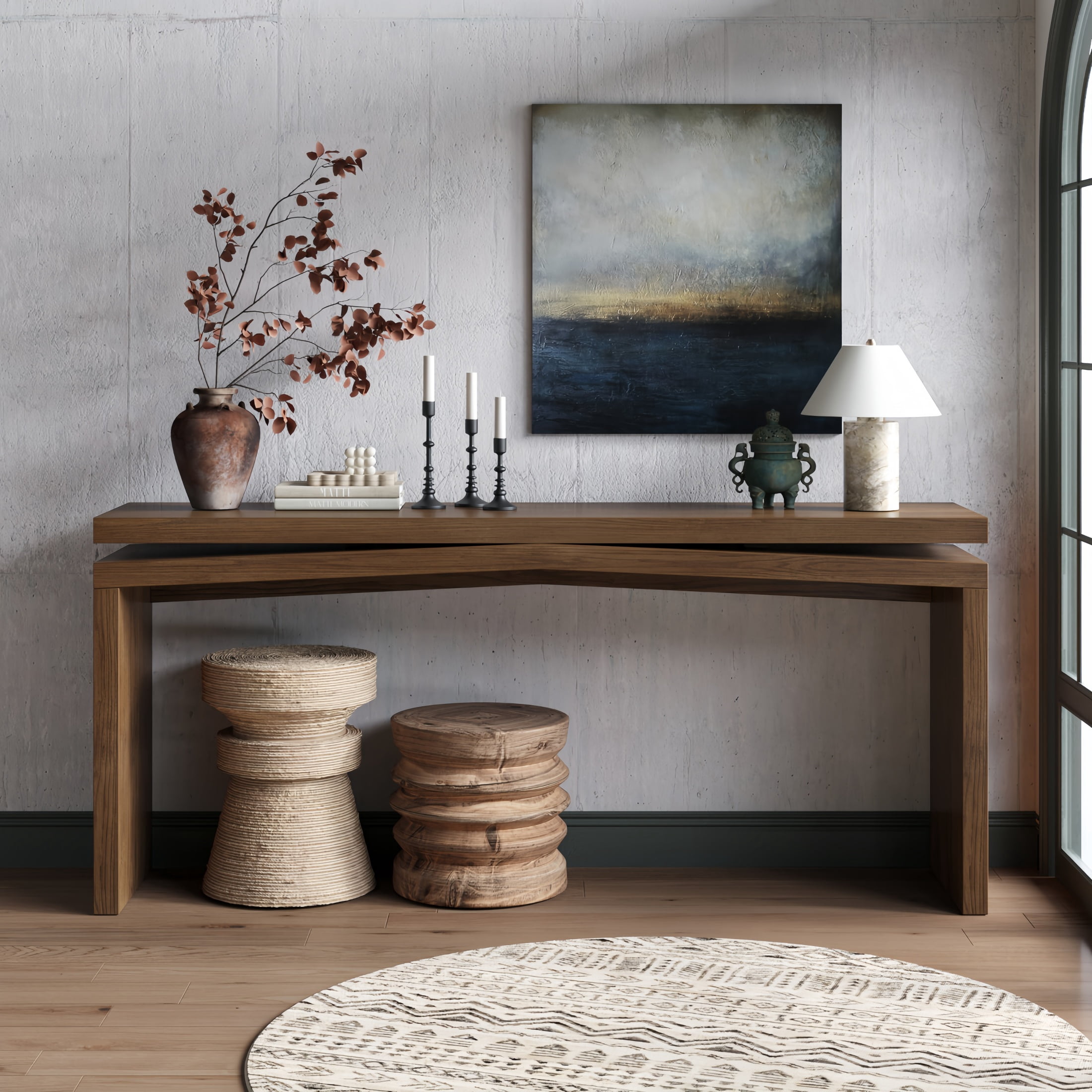Atumcto 65" Long Console Table, Rustic Wood Entryway Sofa Table with Geometric Base for Living Room Hallway Behind Couch, Antique Rustic Brown