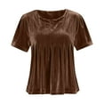 thumbnail image 5 of UTSJKR Womens Velvet Peplum Babydoll Tops Casual Crewneck Pleated Blouse Short Sleeve Flared Swing Pullover Brown M, 5 of 7