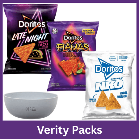 Doritos Tortilla Chips Variety Pack (Flamas Simply NKD Cool Ranch & Late Night Loaded Taco 2.625 oz Each) with Serving Bowl by OMA