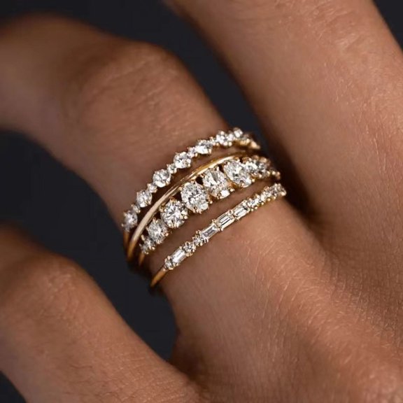 New Attractive Gold Silver Color Metal Round White Stone Ring Set Fashion Party Engagement Wedding Rings for Women Jewelry