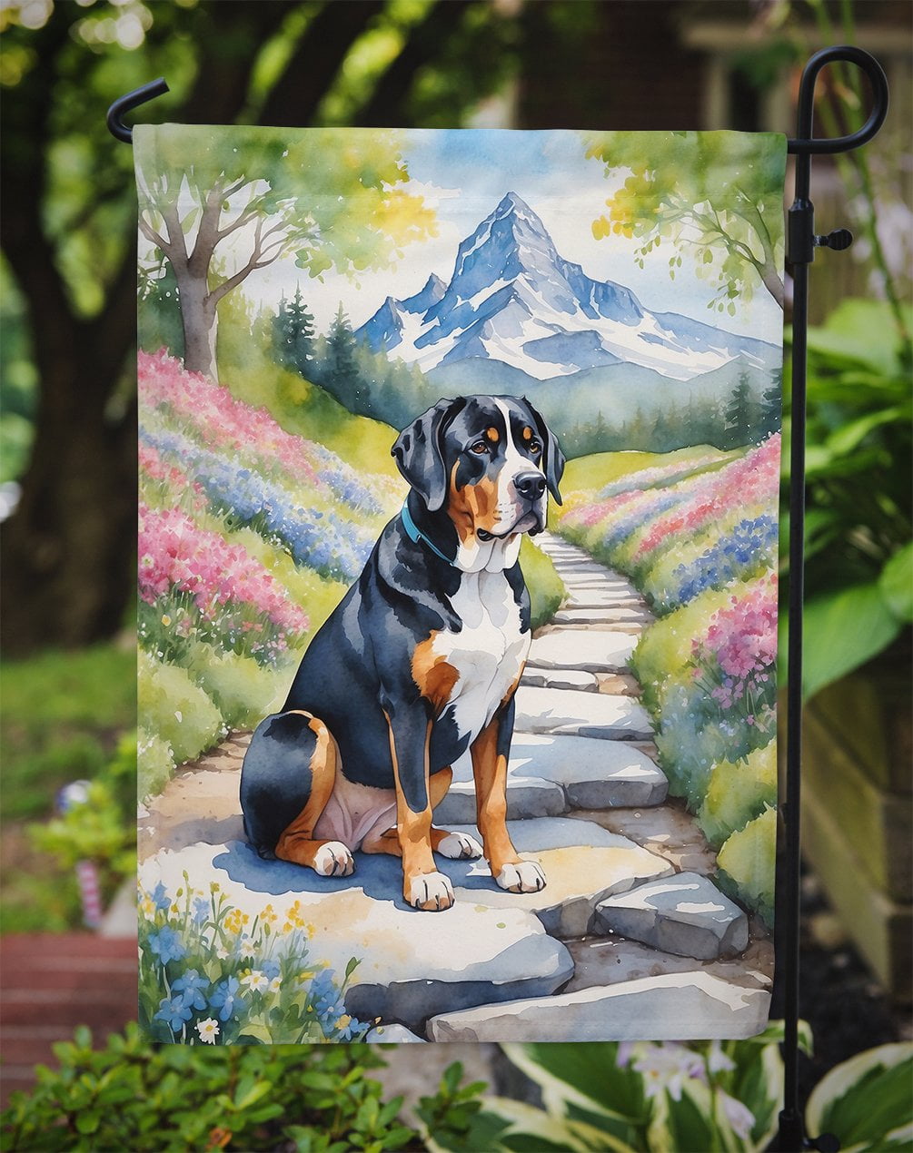 Greater Swiss Mountain Dog Spring Path Garden Flag 11.25 in x 15.5 in