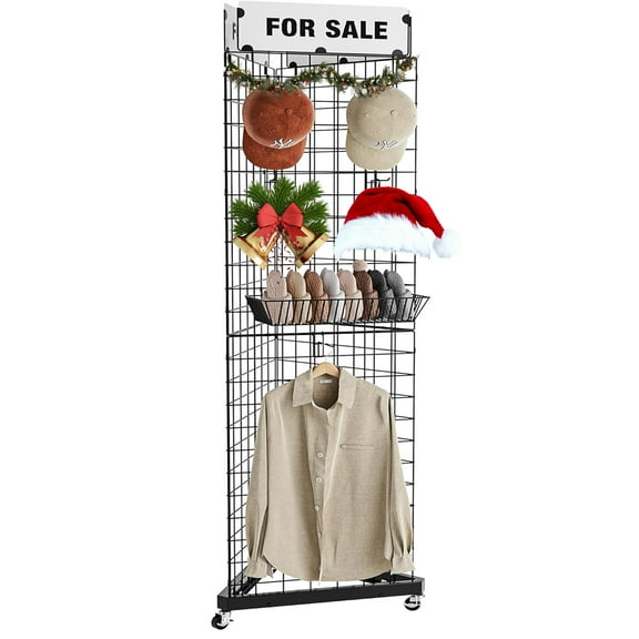 Urban Deco Triangular Gridwall Display Stand 21"x77" with Base & Casters, 3-Sided Rolling Grid Tower Rack for Retail Stores, Vendor Events, Craft Shows - Black