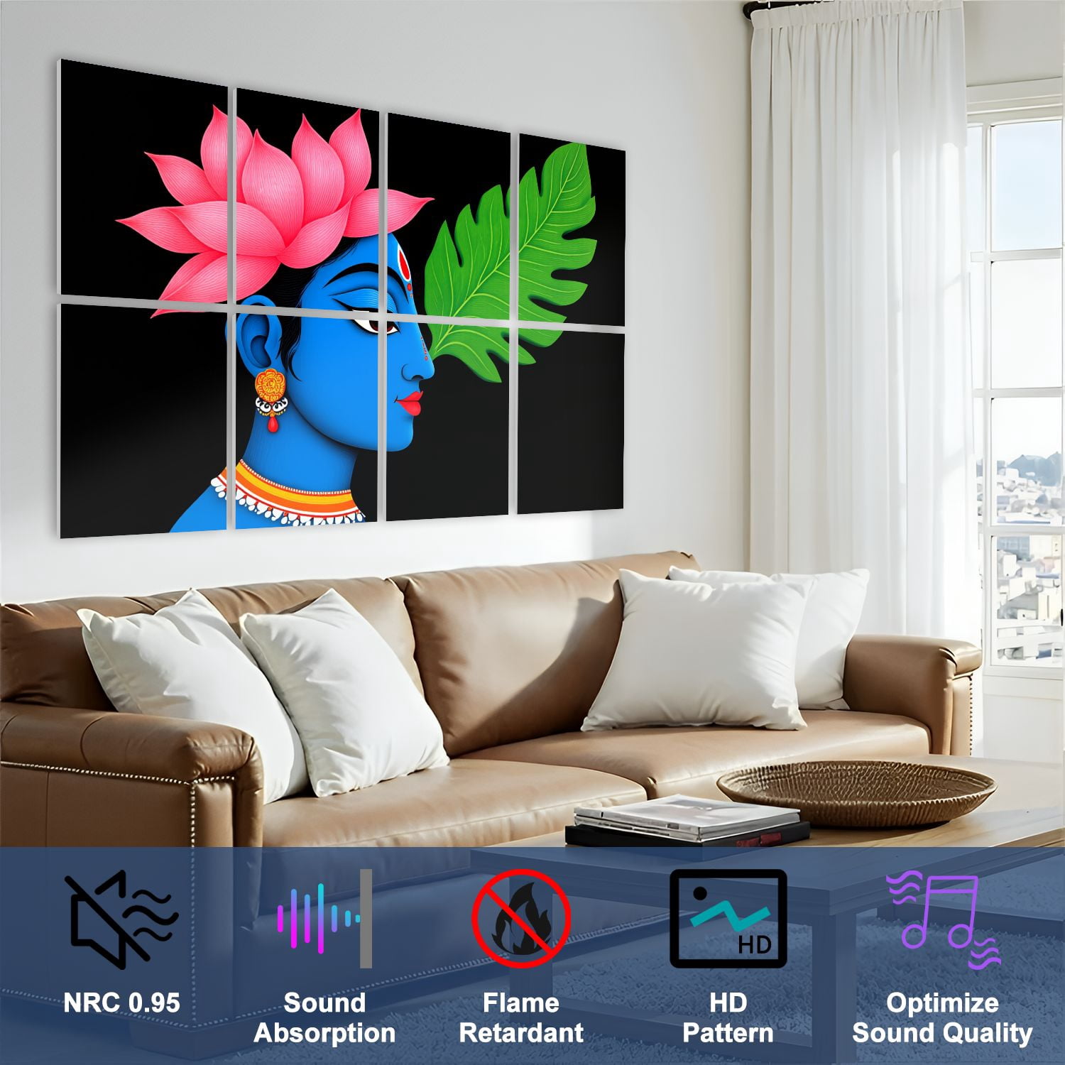 8 Pack Art Acoustic Panels Sound Absorbing Blue Goddess Lotus Flower Decorative Soundproof Wall Panels Self Adhesive for Nursery Game Room Bedroom 48"x32"
