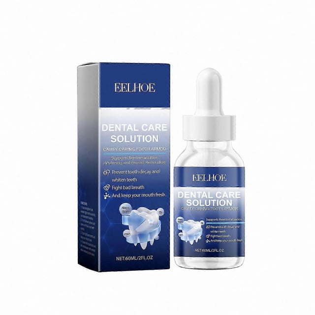 tooth remineralization liquid, enamel repair solution for cavity care and gum health support, whitening dental treatment frontal product image of a clear bottle with white dropper cap and blue label beside its blue retail box; label and box read 'DENTAL CARE SOLUTION', show a tooth graphic and mint icon, state 'NET: 60 ml' and indicate claims for preventing tooth decay, brighter teeth and fresh breath per product specs, studio white background; also suitable for targeted mouth rinses.