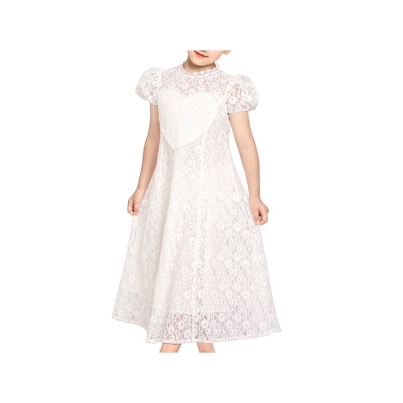Girls Dress Floral White Lace Pearl Heart Maxi Princess Short Sleeve 6 Years
