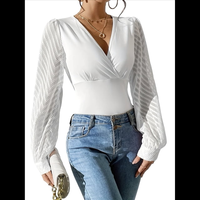Blusas de Mujer con Escote en V Profundo y Cruzado, Camisetas de con Lunares y Larga, Blusas Informales. XL