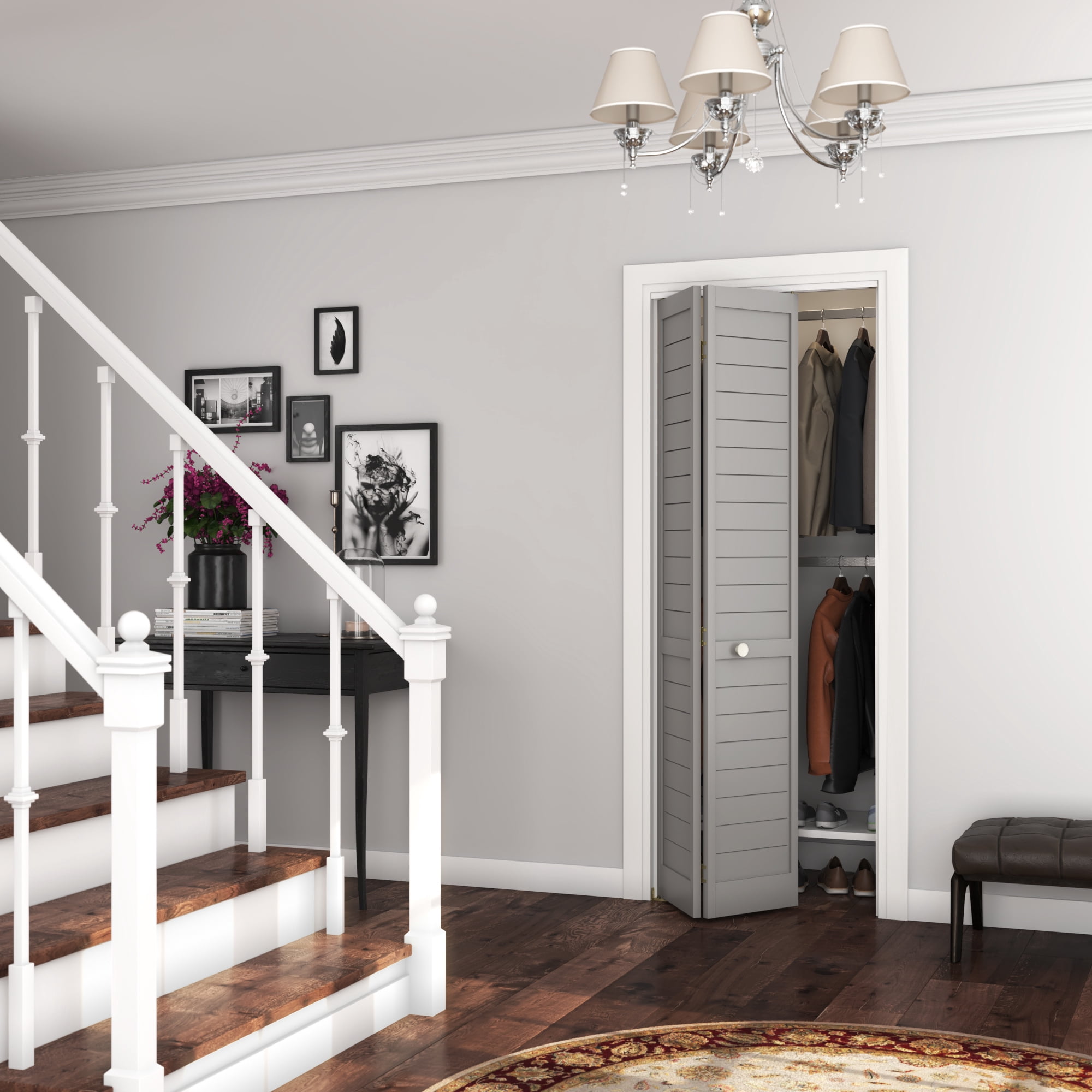 EightDoors 80" x 36" x 1" Flat Louver Grey Prefinished Pine Wood Interior Bifold Door with Hardware Included