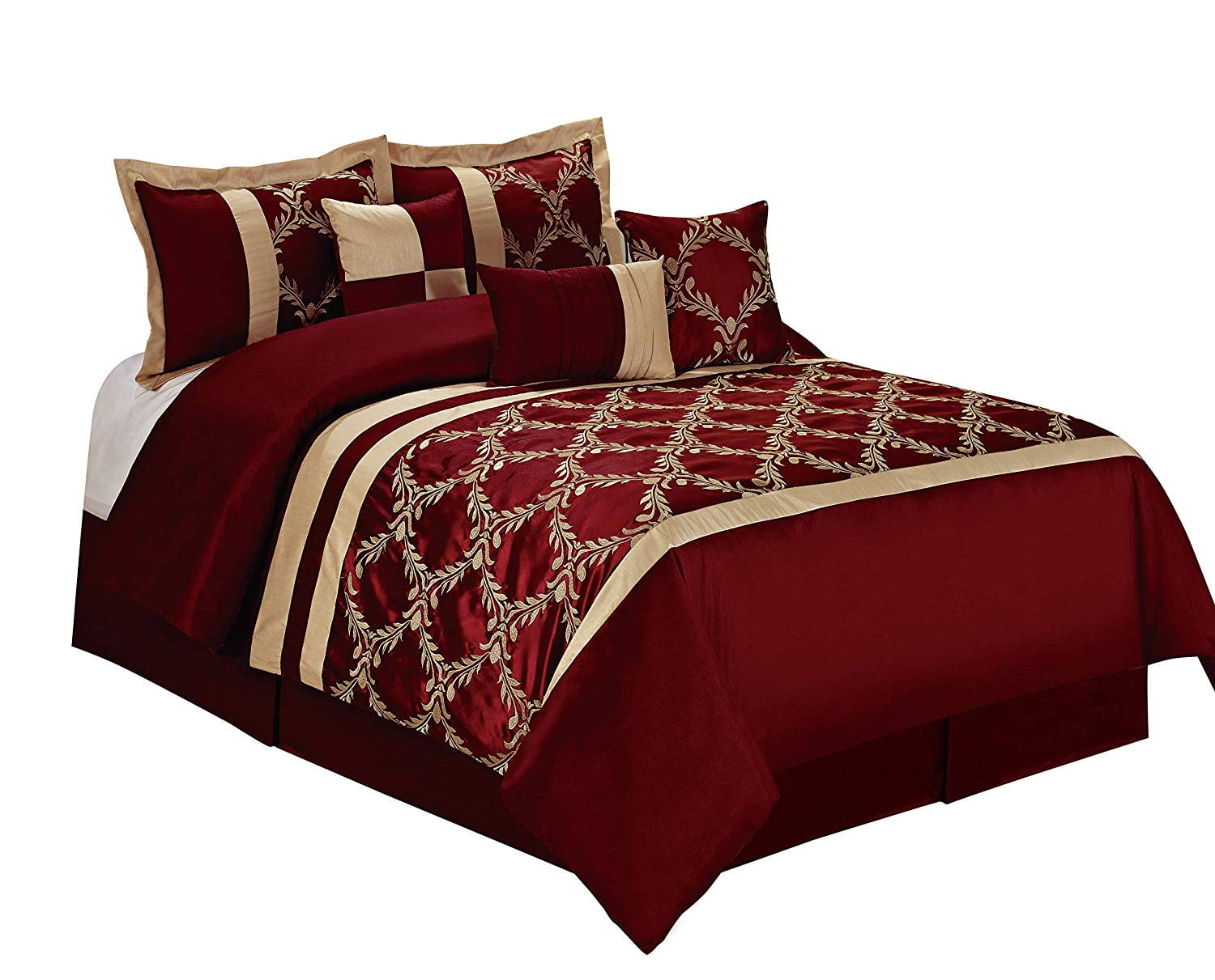 Hig 7 Piece Comforter Set King Burgundy And Gold Taffeta Fabric