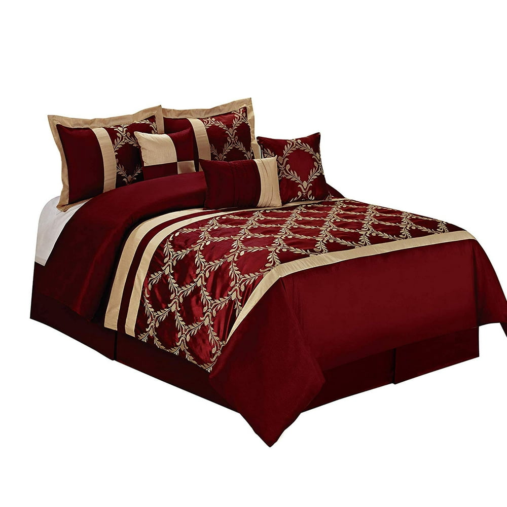 HIG 7 Piece Comforter Set Queen Burgundy and Gold Faux Silk Fabric