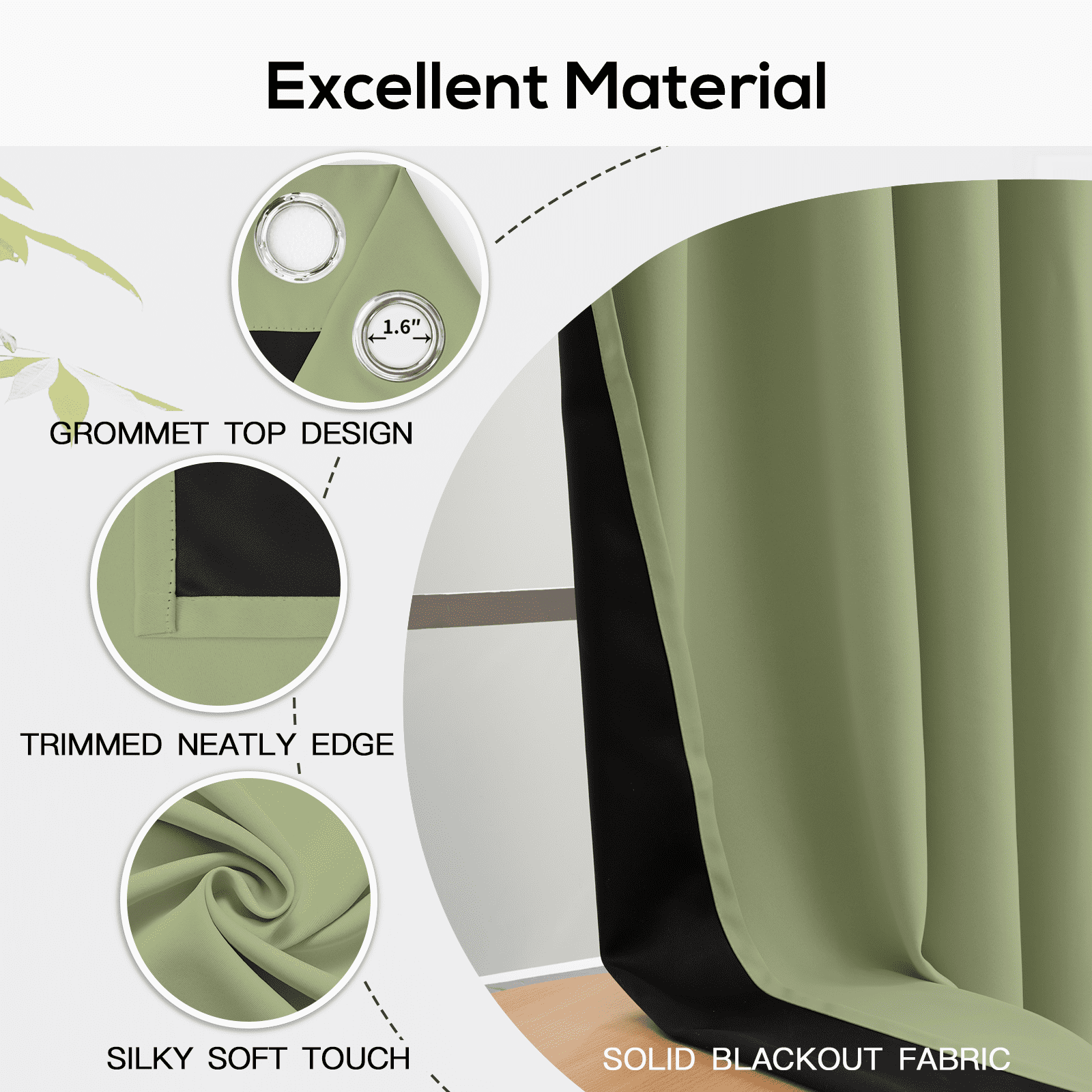 Yakamok 100% Blackout Curtains with Black Lined 2 Thick Layers Soundproof Thermal Insulated Room Darkening Curtains for Living Room(42Wx63L,Sage, 2 Panels)