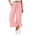 thumbnail image 3 of Linen Pants Women Summer Casual Ruffle Hem Wide Leg Drawstring Elastic Waist Capri Pants with Pockets Beach Vacation Travel Pants M, 3 of 7