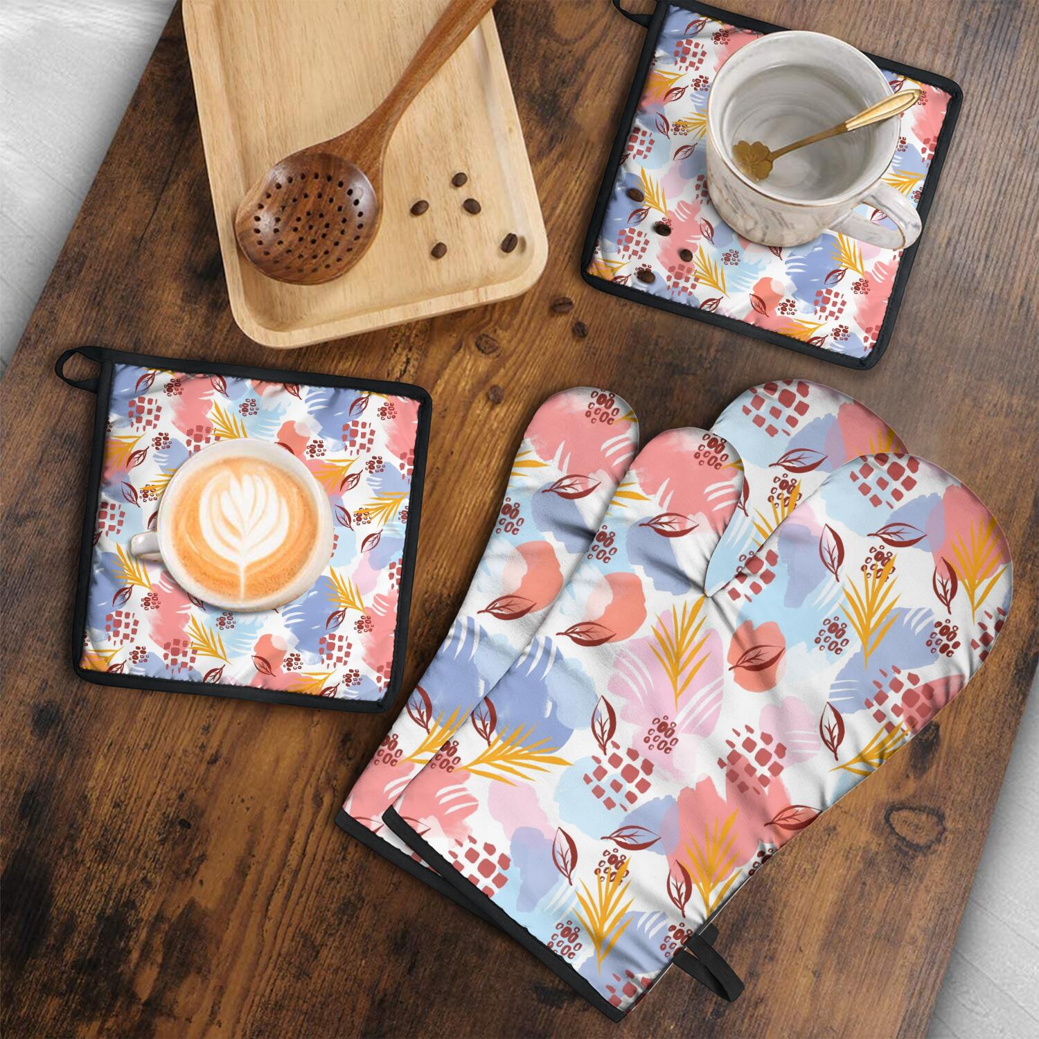Floral Pattern Oven Mitts and Pot Holders Set Of 4, Heat Resistant Kitchen Gloves with Non-Slip Grip, Hanging Loop, Soft Cotton Lining for Baking, Cooking, Grilling, Barbecue