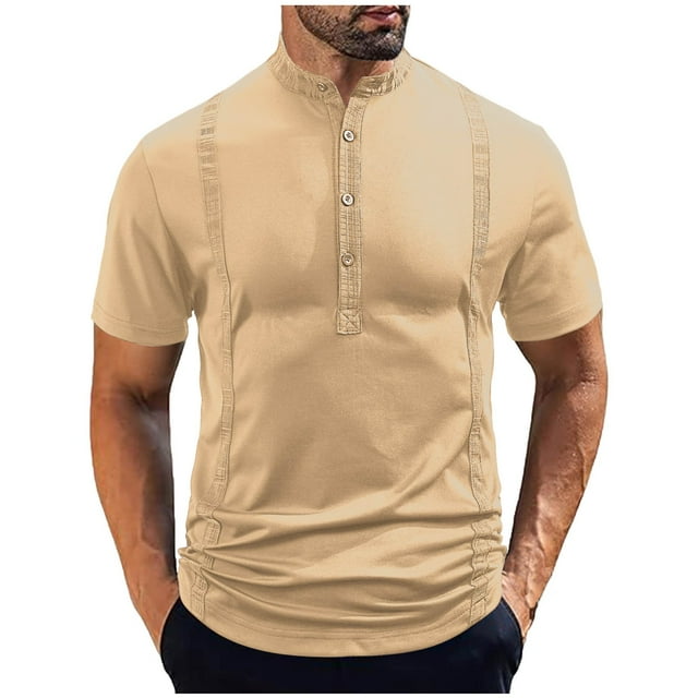 Mens Casual Manga Corta Botón Abajo Camisas de Color Sólido Botón de Pie de Cuello Blusa, 95% Poliéster 5% Spandex, Lavado de Manos Casual