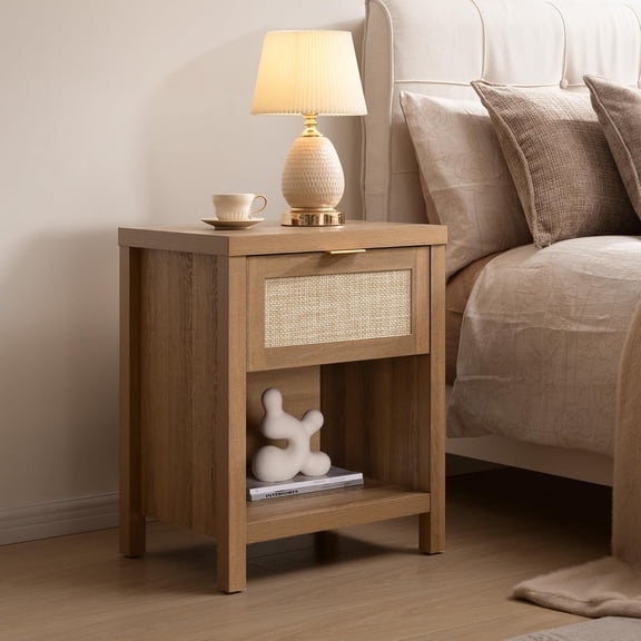 Rattan Nightstand - Farmhouse Night Stand with Drawer and Storage Shelf - Boho Bedside Table - End Side Table for Bedroom,Oak