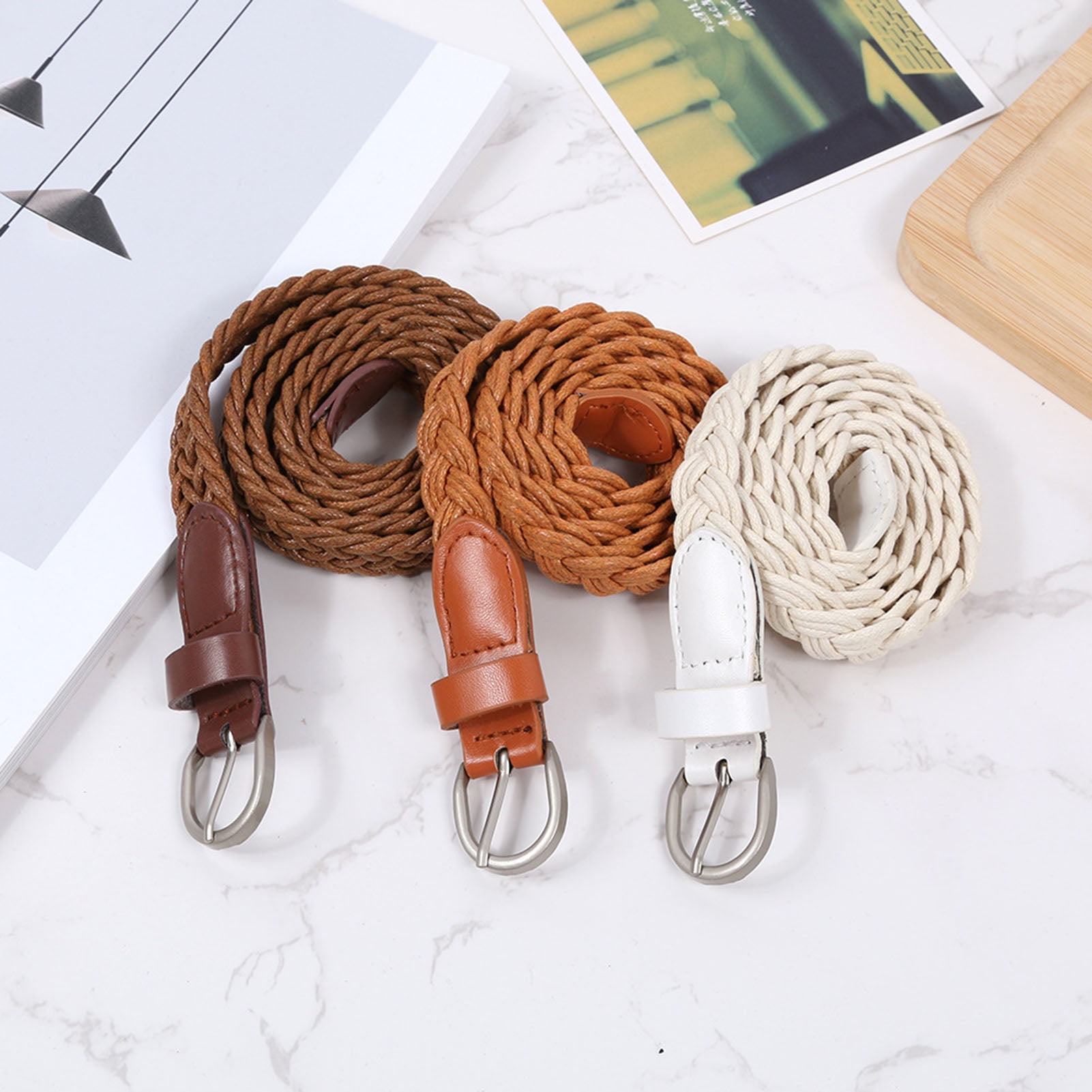 D GROEE Women s Braided Wax Rope Belt Skinny Woven Braided Belt Buckle Leather Belt for Dress Jean Skirt Pant Walmart
