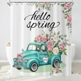 thumbnail image 2 of Hello Spring Shower Curtain, Farmhouse Teal Truck Loading Pink Floral with Green Leaves Spring Bathroom Curtain Waterproof Fabric Machine Washable with Hooks, 72" Wx84 L, 2 of 6