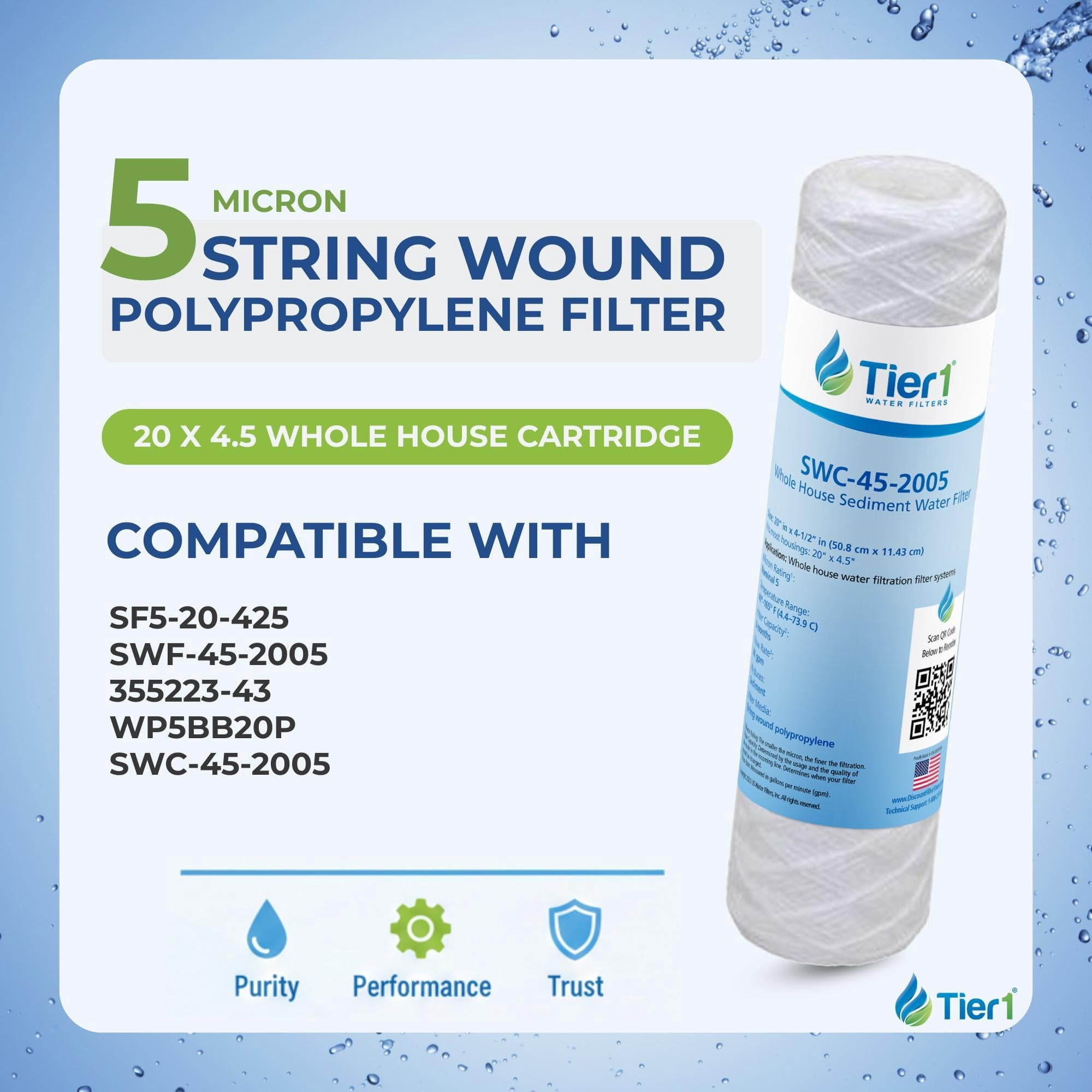 Tier1 5 Micron 20 Inch x 4.5 Inch | String Wound Polypropylene Whole House Sediment Water Filter Replacement Cartridge | Compatible with Watts SF5-20-425, WP5BB20P, 355223-43, Home Water Filter